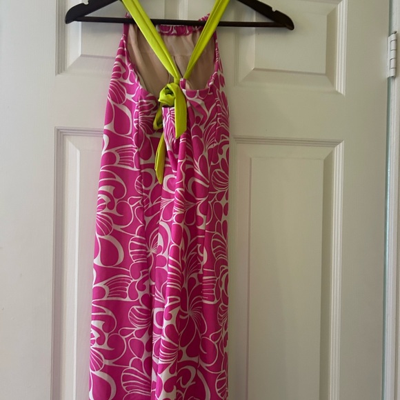 ATHLETA swim dress pink and lime green size medium, bow in back - Picture 3 of 4